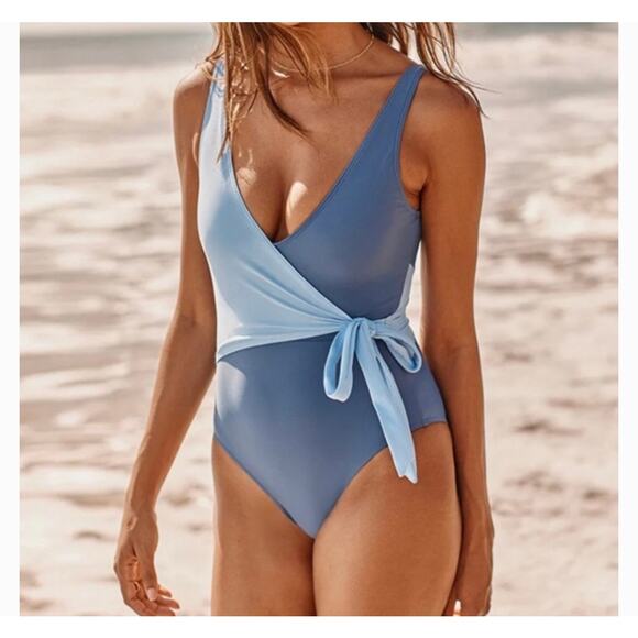 Summersalt The Perfect Wrap One-Piece Swimsuit Sky Blue Mountain - Picture 1 of 7